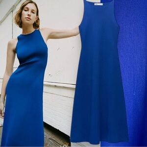 Zara Cobalt Blue Aline Knit Midi Dress Royal Resort Travel Cruise Wedding Halter